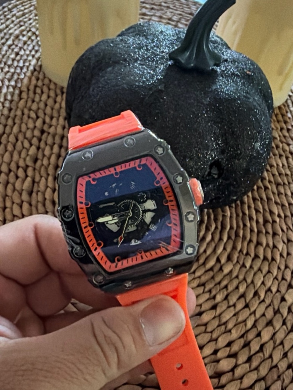 Orange Silicone Strap Sport Watch with Skeleton Dial